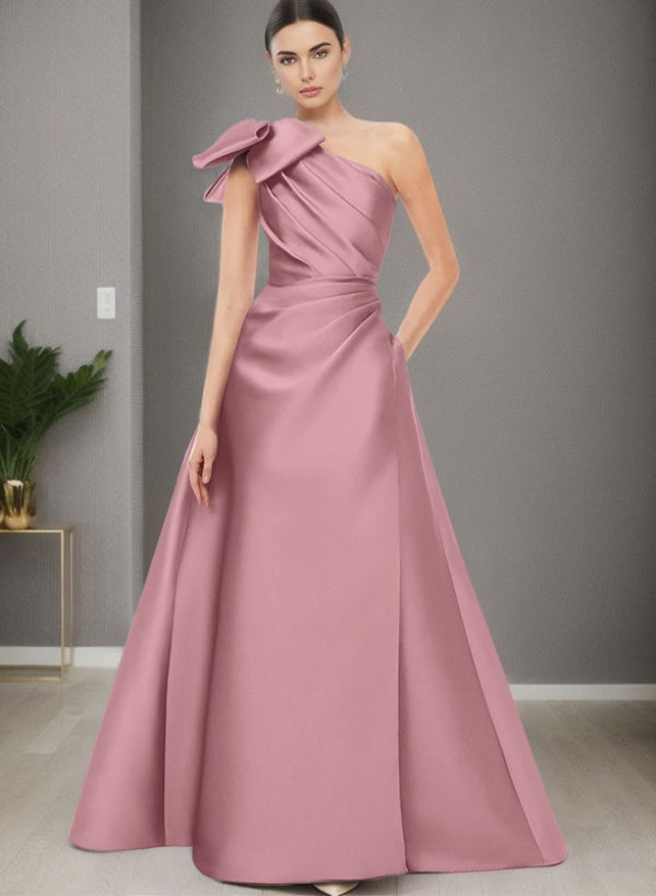 A Line One Shoulder Sleeveless Satin Bridesmaid Dresses With Bow(s) and Pockets