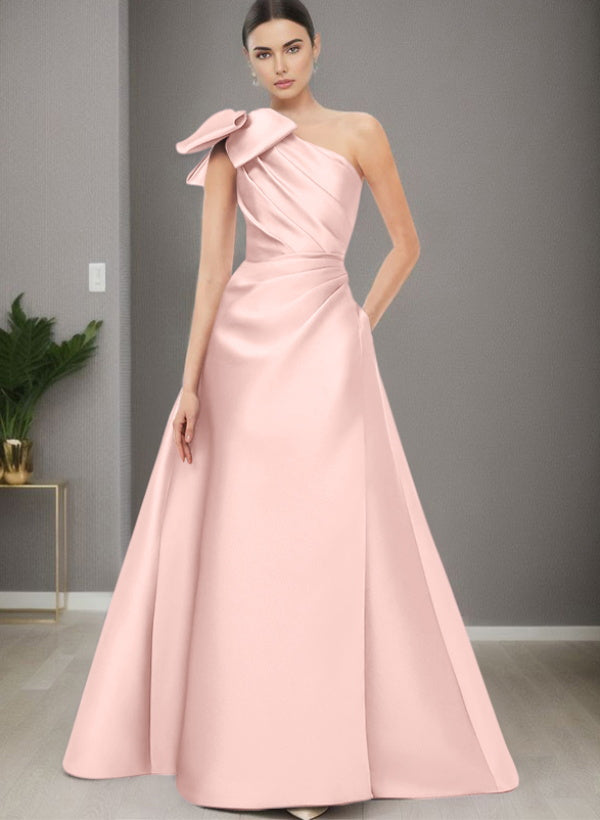 A Line One Shoulder Sleeveless Satin Bridesmaid Dresses With Bow(s) and Pockets
