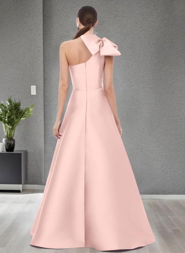 A Line One Shoulder Sleeveless Satin Bridesmaid Dresses With Bow(s) and Pockets