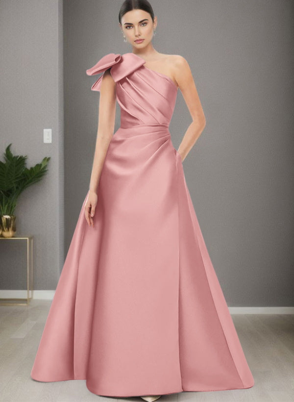 A Line One Shoulder Sleeveless Satin Bridesmaid Dresses With Bow(s) and Pockets