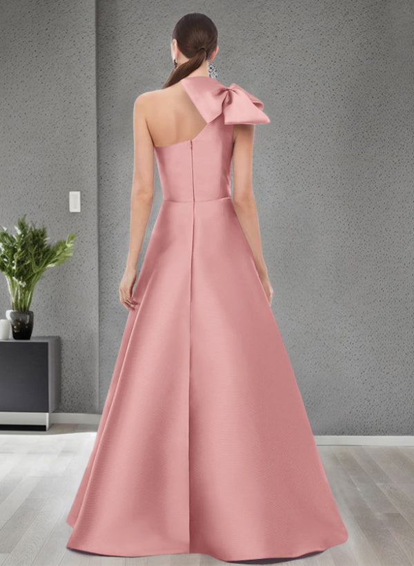 A Line One Shoulder Sleeveless Satin Bridesmaid Dresses With Bow(s) and Pockets