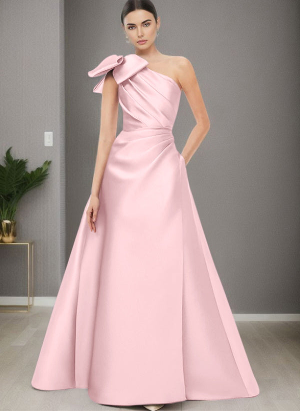 A Line One Shoulder Sleeveless Satin Bridesmaid Dresses With Bow(s) and Pockets