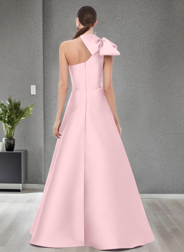 A Line One Shoulder Sleeveless Satin Bridesmaid Dresses With Bow(s) and Pockets