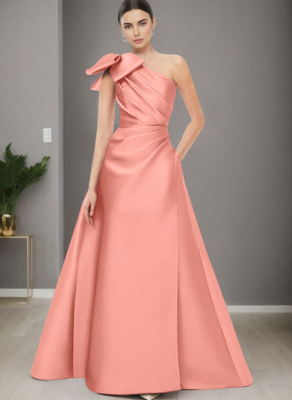A Line One Shoulder Sleeveless Satin Bridesmaid Dresses With Bow(s) and Pockets