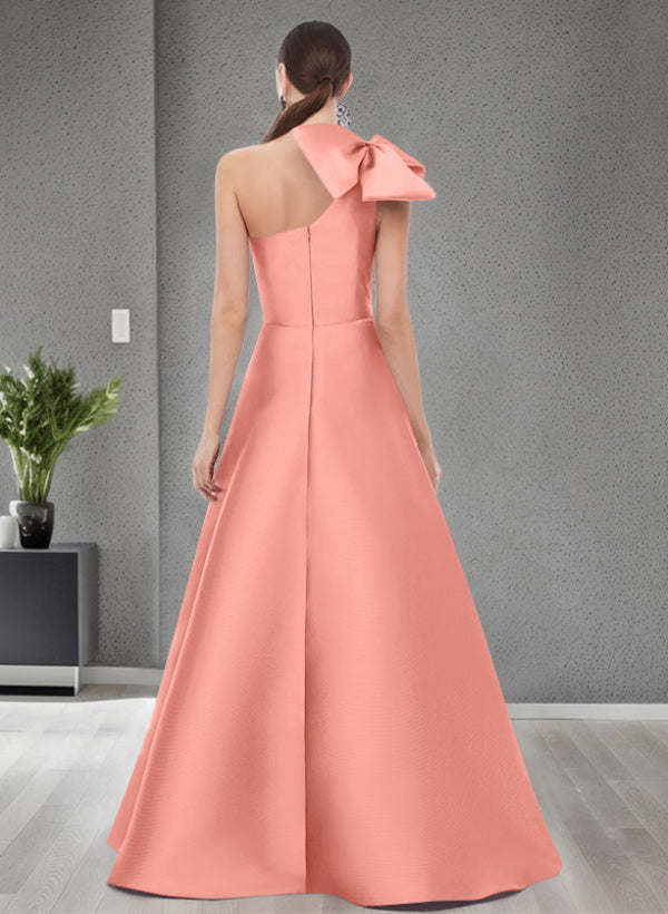 A Line One Shoulder Sleeveless Satin Bridesmaid Dresses With Bow(s) and Pockets
