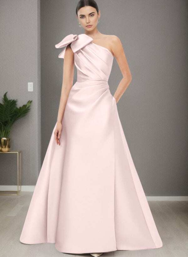 A Line One Shoulder Sleeveless Satin Bridesmaid Dresses With Bow(s) and Pockets