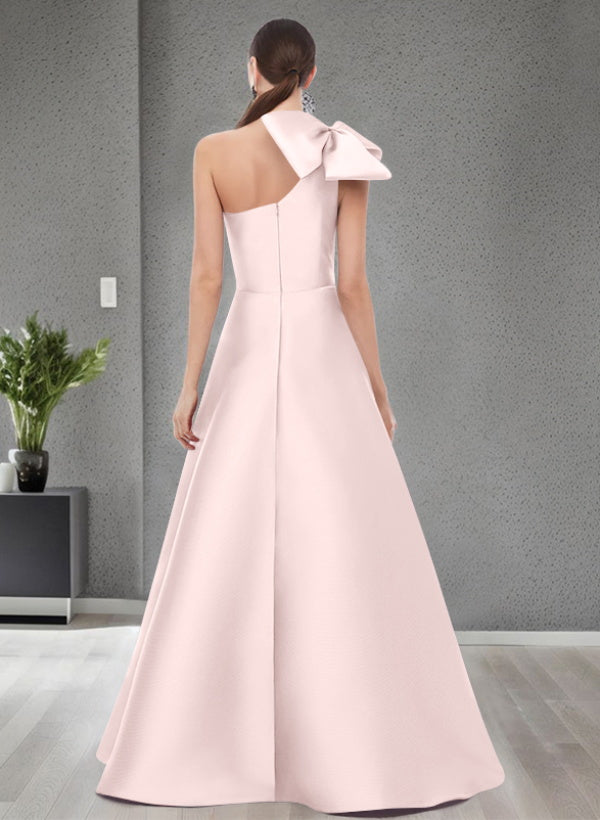A Line One Shoulder Sleeveless Satin Bridesmaid Dresses With Bow(s) and Pockets
