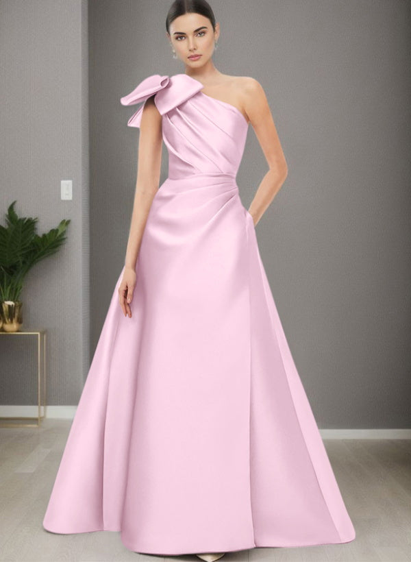 A Line One Shoulder Sleeveless Satin Bridesmaid Dresses With Bow(s) and Pockets