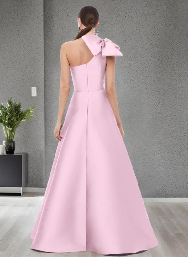 A Line One Shoulder Sleeveless Satin Bridesmaid Dresses With Bow(s) and Pockets