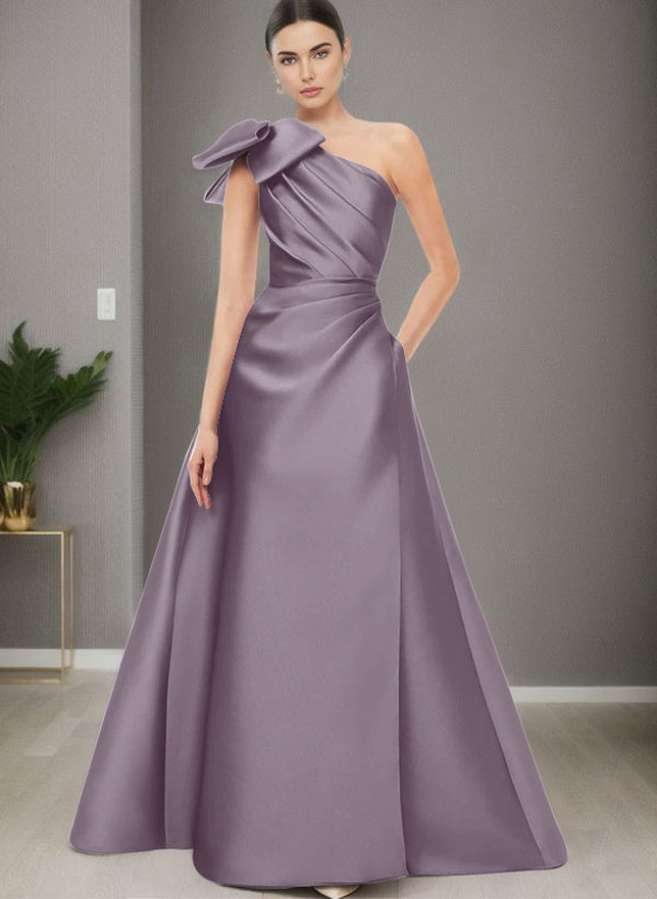 A Line One Shoulder Sleeveless Satin Bridesmaid Dresses With Bow(s) and Pockets