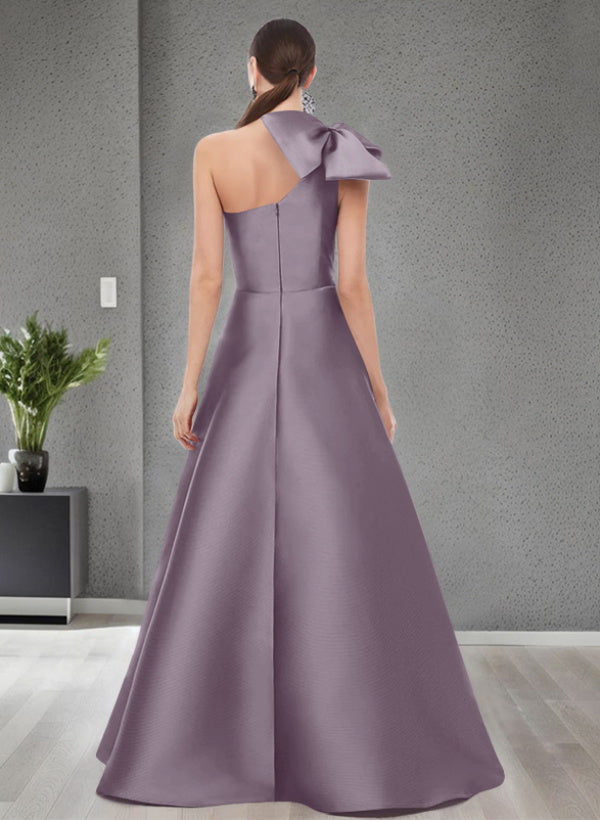 A Line One Shoulder Sleeveless Satin Bridesmaid Dresses With Bow(s) and Pockets