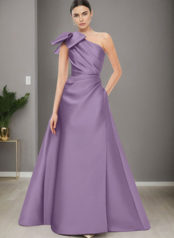 A Line One Shoulder Sleeveless Satin Bridesmaid Dresses With Bow(s) and Pockets