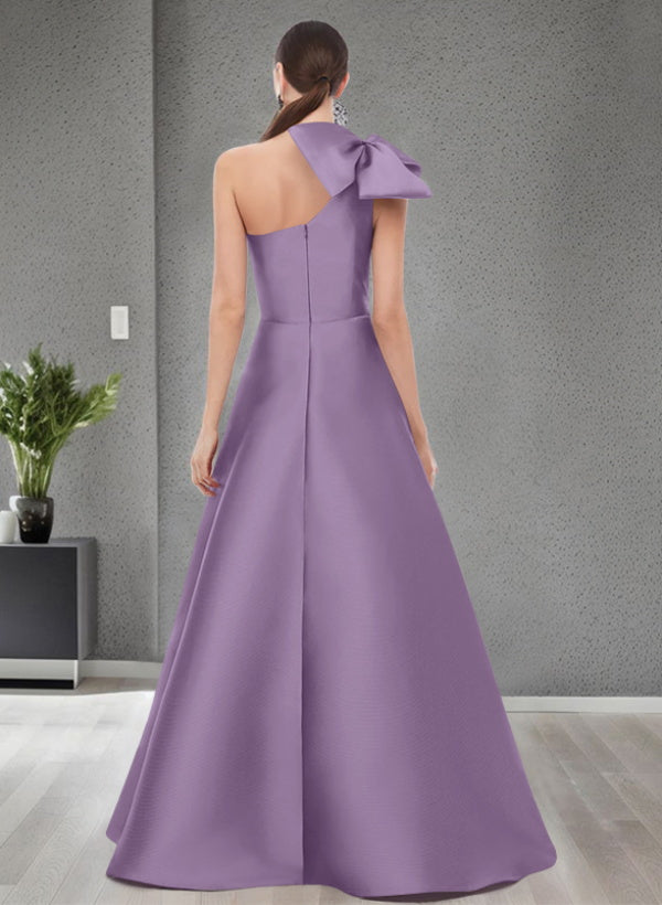 A Line One Shoulder Sleeveless Satin Bridesmaid Dresses With Bow(s) and Pockets