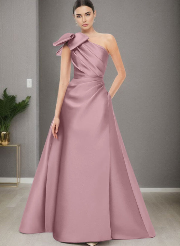A Line One Shoulder Sleeveless Satin Bridesmaid Dresses With Bow(s) and Pockets