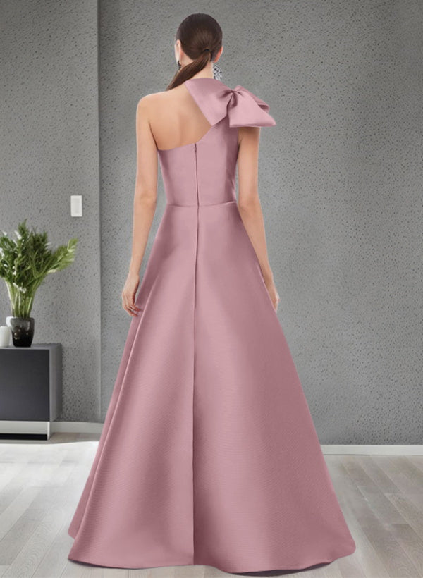 A Line One Shoulder Sleeveless Satin Bridesmaid Dresses With Bow(s) and Pockets