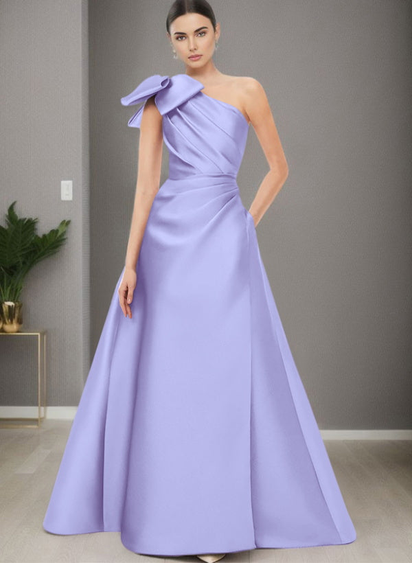 A Line One Shoulder Sleeveless Satin Bridesmaid Dresses With Bow(s) and Pockets