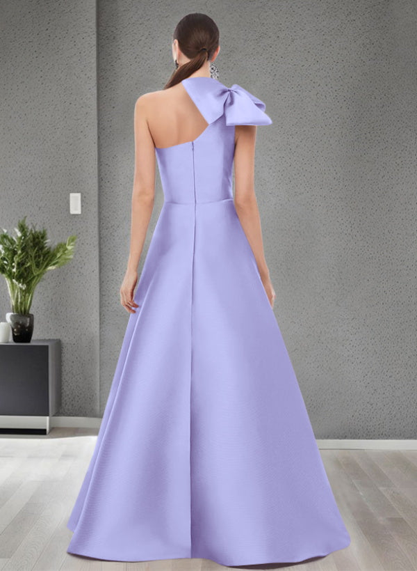 A Line One Shoulder Sleeveless Satin Bridesmaid Dresses With Bow(s) and Pockets
