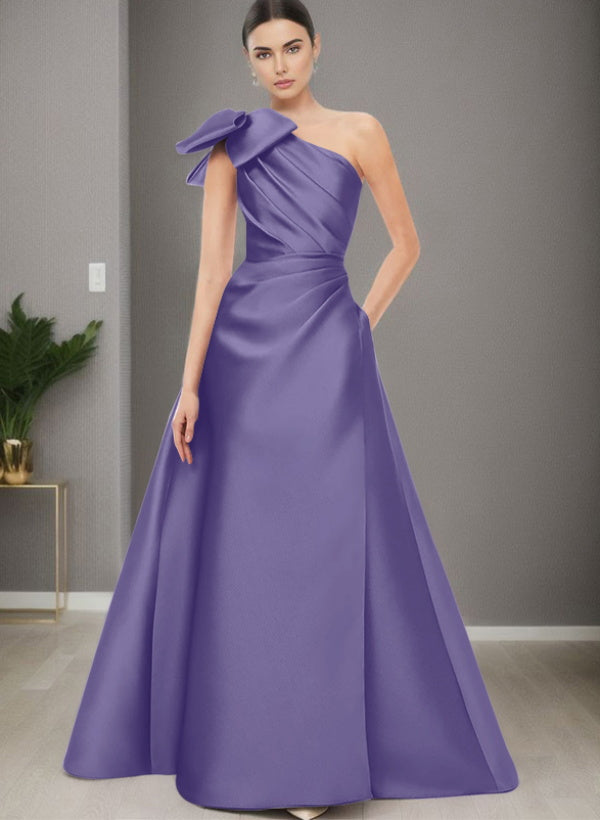 A Line One Shoulder Sleeveless Satin Bridesmaid Dresses With Bow(s) and Pockets