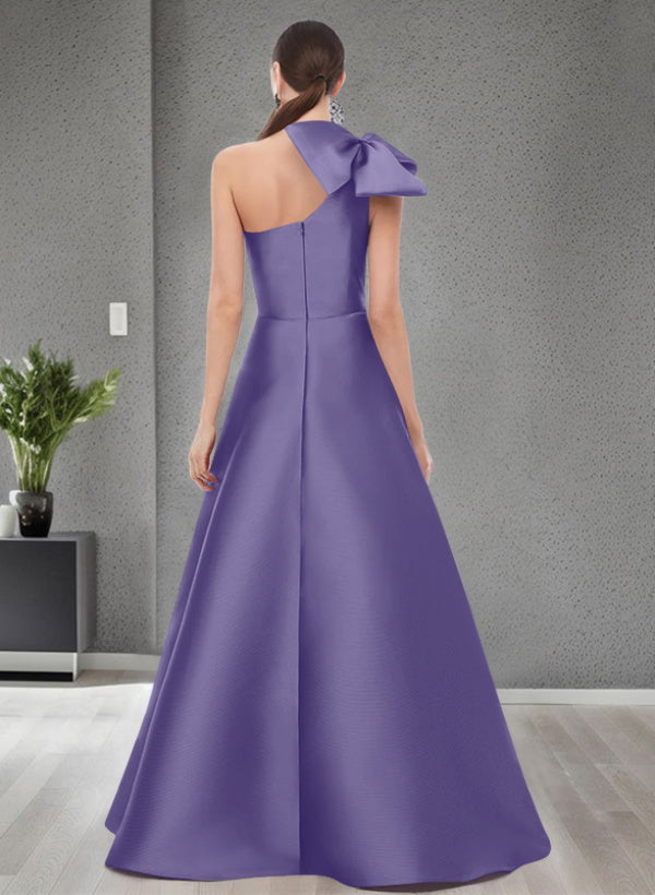 A Line One Shoulder Sleeveless Satin Bridesmaid Dresses With Bow(s) and Pockets
