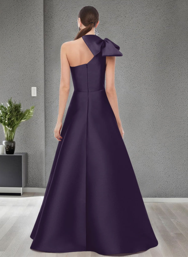 A Line One Shoulder Sleeveless Satin Bridesmaid Dresses With Bow(s) and Pockets