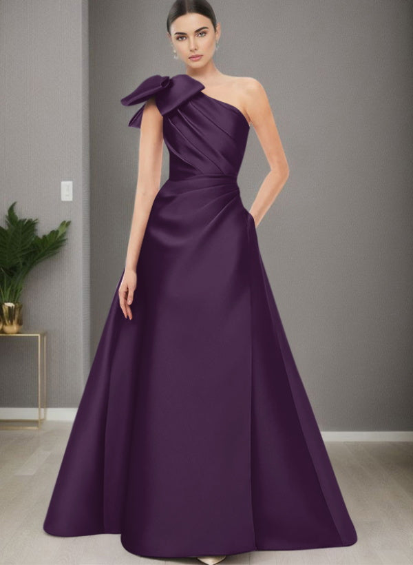 A Line One Shoulder Sleeveless Satin Bridesmaid Dresses With Bow(s) and Pockets