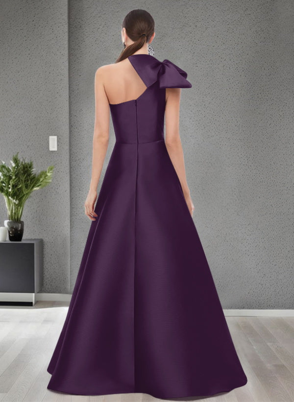 A Line One Shoulder Sleeveless Satin Bridesmaid Dresses With Bow(s) and Pockets