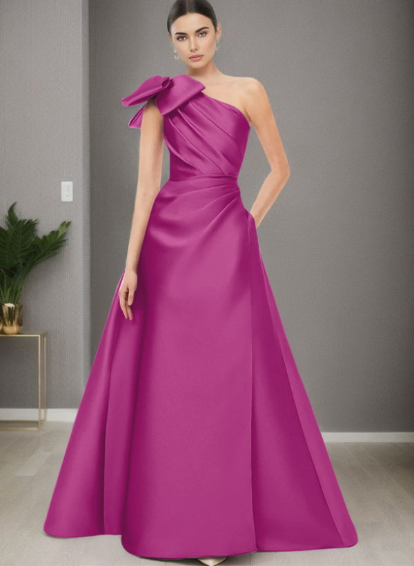 A Line One Shoulder Sleeveless Satin Bridesmaid Dresses With Bow(s) and Pockets