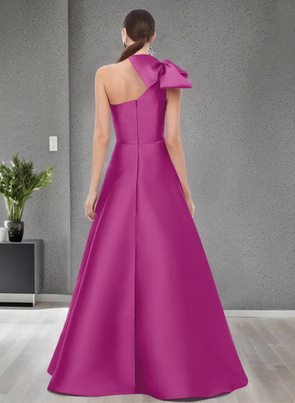 A Line One Shoulder Sleeveless Satin Bridesmaid Dresses With Bow(s) and Pockets