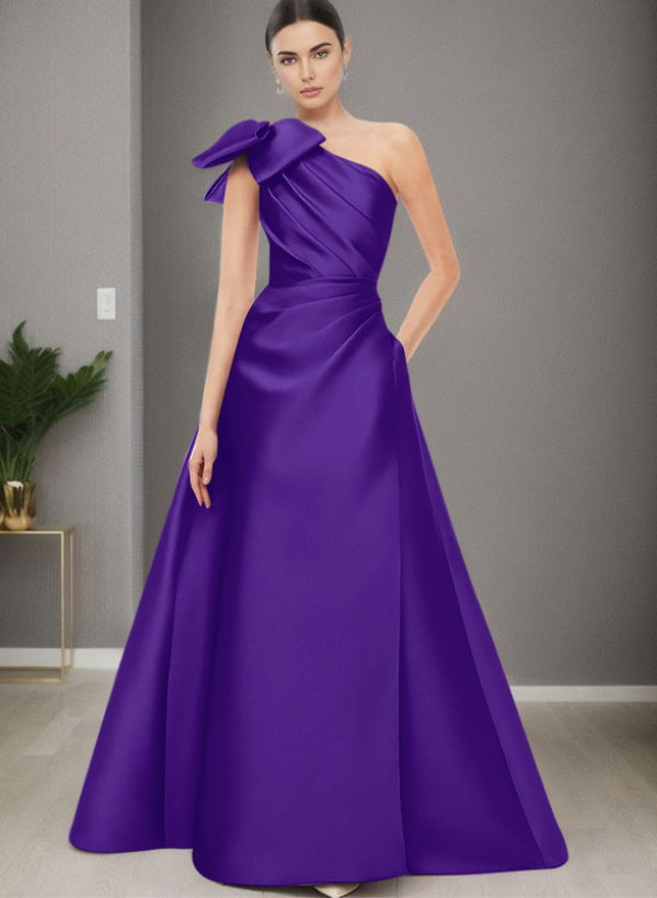 A Line One Shoulder Sleeveless Satin Bridesmaid Dresses With Bow(s) and Pockets