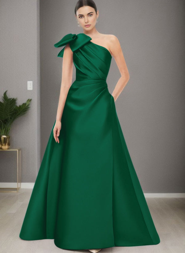 A Line One Shoulder Sleeveless Satin Bridesmaid Dresses With Bow(s) and Pockets