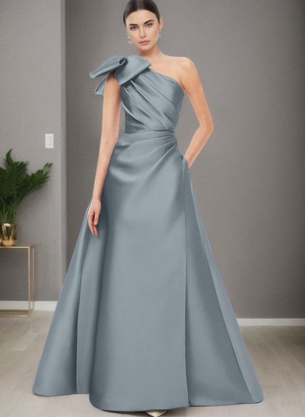 A Line One Shoulder Sleeveless Satin Bridesmaid Dresses With Bow(s) and Pockets