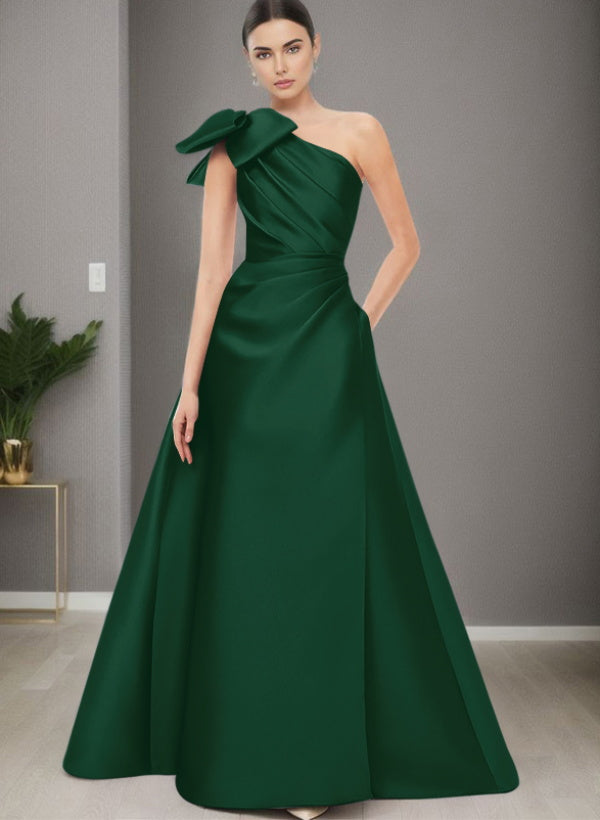 A Line One Shoulder Sleeveless Satin Bridesmaid Dresses With Bow(s) and Pockets