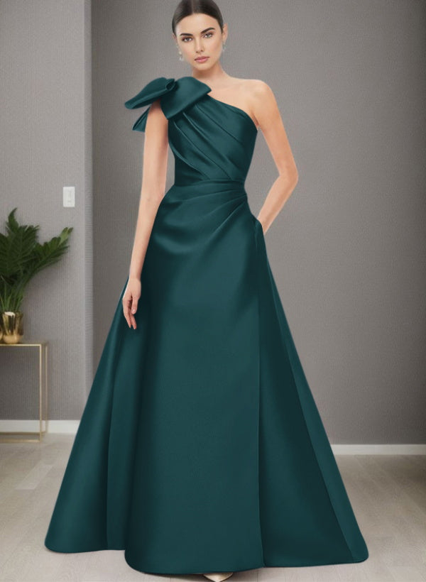 A Line One Shoulder Sleeveless Satin Bridesmaid Dresses With Bow(s) and Pockets