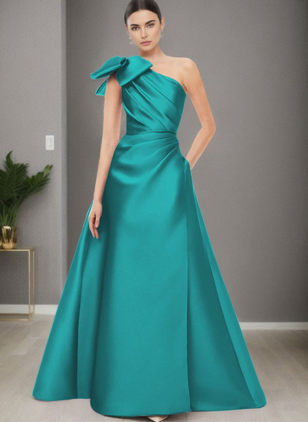 A Line One Shoulder Sleeveless Satin Bridesmaid Dresses With Bow(s) and Pockets