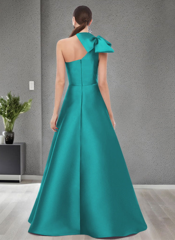 A Line One Shoulder Sleeveless Satin Bridesmaid Dresses With Bow(s) and Pockets