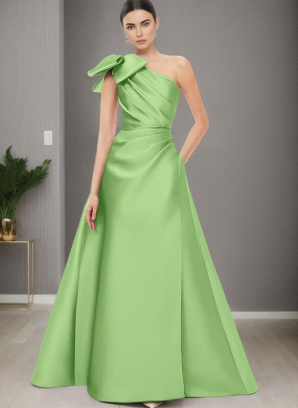A Line One Shoulder Sleeveless Satin Bridesmaid Dresses With Bow(s) and Pockets
