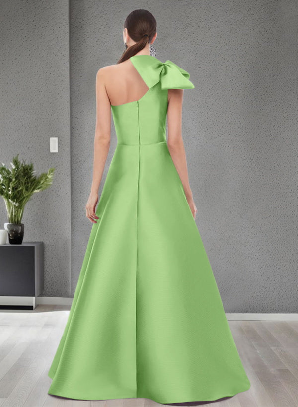 A Line One Shoulder Sleeveless Satin Bridesmaid Dresses With Bow(s) and Pockets