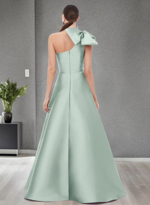 A Line One Shoulder Sleeveless Satin Bridesmaid Dresses With Bow(s) and Pockets