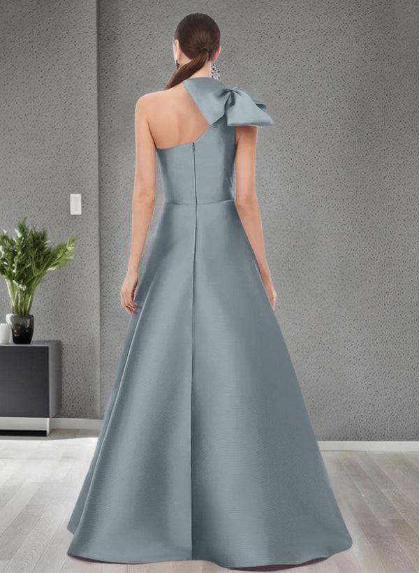 A Line One Shoulder Sleeveless Satin Bridesmaid Dresses With Bow(s) and Pockets