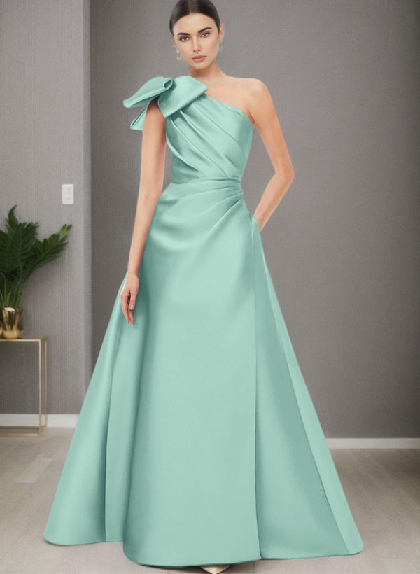 A Line One Shoulder Sleeveless Satin Bridesmaid Dresses With Bow(s) and Pockets