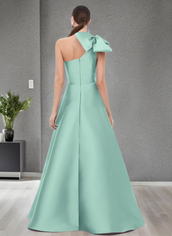 A Line One Shoulder Sleeveless Satin Bridesmaid Dresses With Bow(s) and Pockets