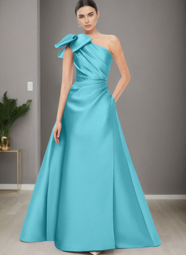 A Line One Shoulder Sleeveless Satin Bridesmaid Dresses With Bow(s) and Pockets