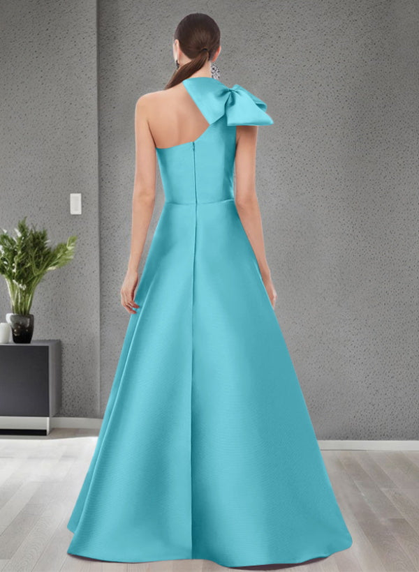 A Line One Shoulder Sleeveless Satin Bridesmaid Dresses With Bow(s) and Pockets