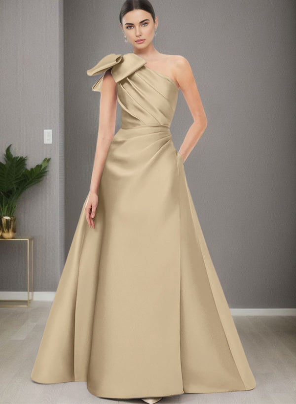A Line One Shoulder Sleeveless Satin Bridesmaid Dresses With Bow(s) and Pockets