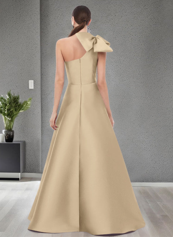 A Line One Shoulder Sleeveless Satin Bridesmaid Dresses With Bow(s) and Pockets