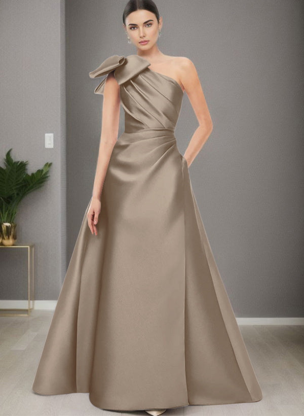 A Line One Shoulder Sleeveless Satin Bridesmaid Dresses With Bow(s) and Pockets