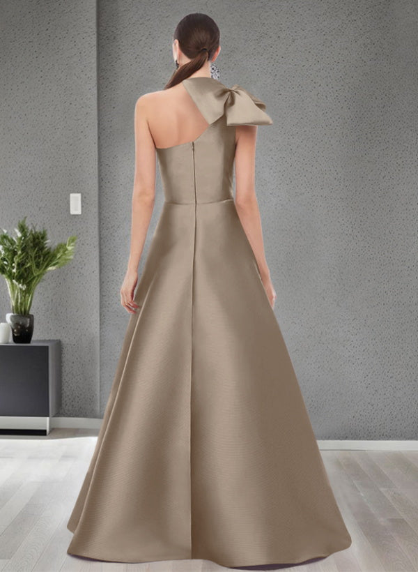 A Line One Shoulder Sleeveless Satin Bridesmaid Dresses With Bow(s) and Pockets