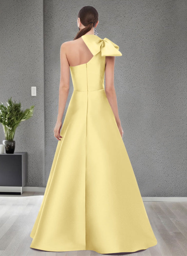A Line One Shoulder Sleeveless Satin Bridesmaid Dresses With Bow(s) and Pockets