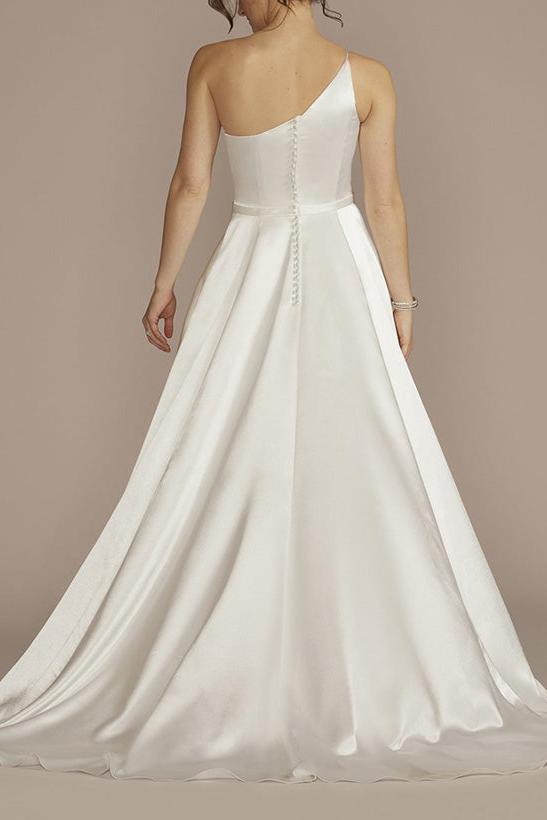 A-Line One-Shoulder Sleeveless Sweep Train Silk Like Satin Wedding Dresses