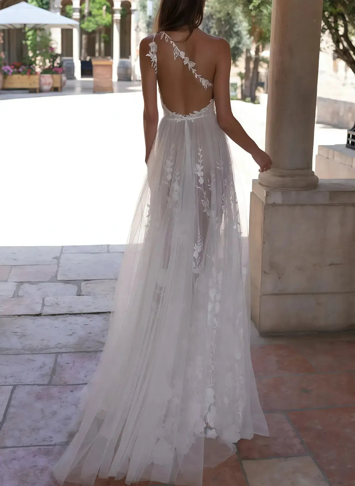 A Line One Shoulder Sleeveless Sweep Train Tulle Wedding Dress with Appliques and High Slit